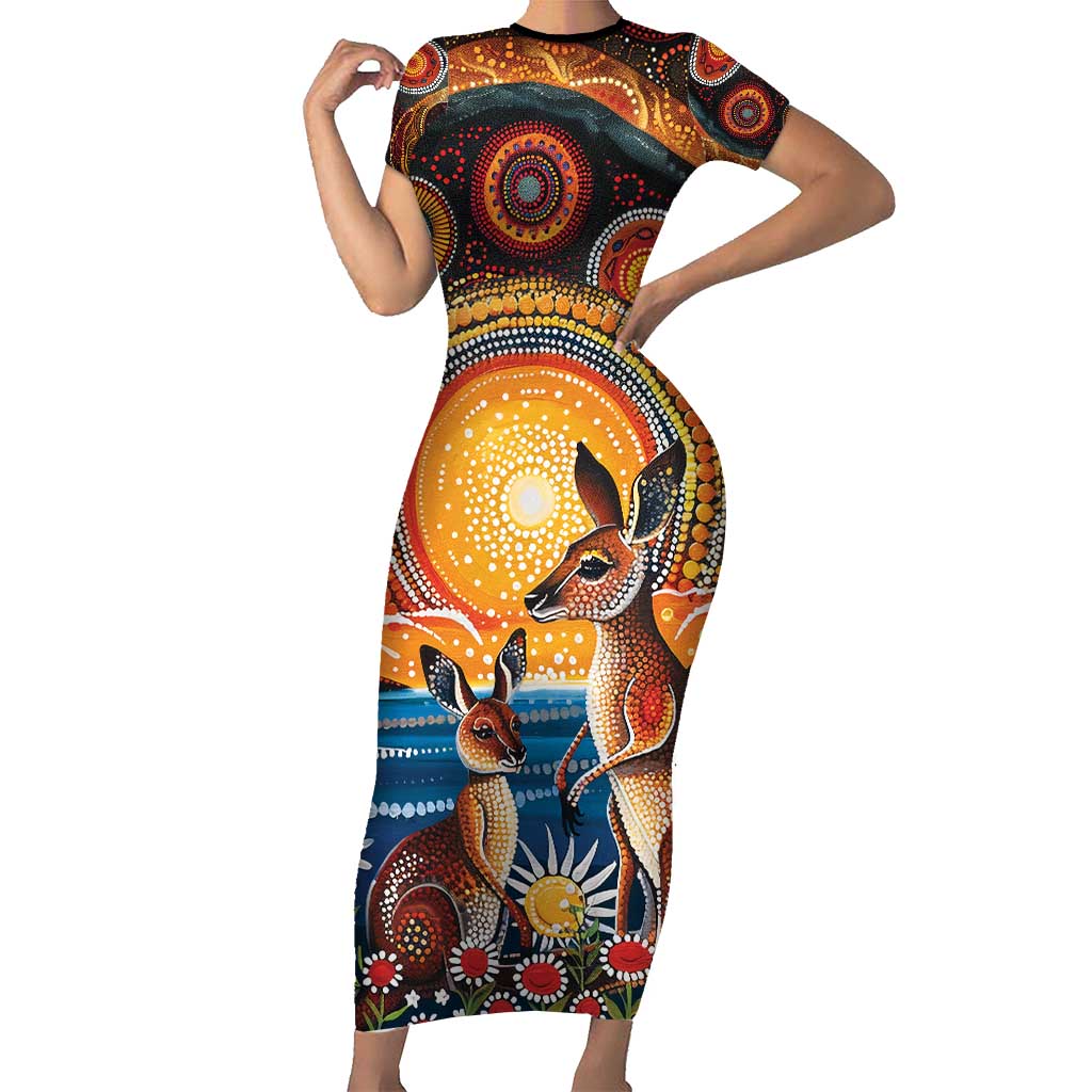 Australian Kangaroos Art Short Sleeve Bodycon Dress Aboriginal Dot Painting