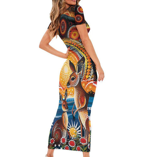 Australian Kangaroos Art Short Sleeve Bodycon Dress Aboriginal Dot Painting