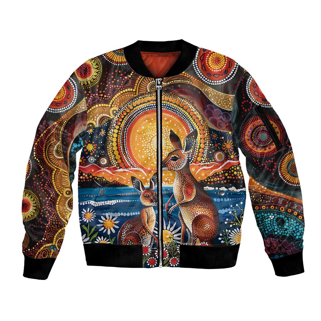 Australian Kangaroos Art Sleeve Zip Bomber Jacket Aboriginal Dot Painting