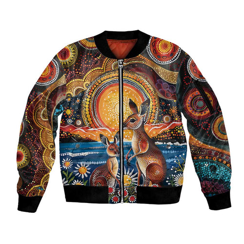 Australian Kangaroos Art Sleeve Zip Bomber Jacket Aboriginal Dot Painting