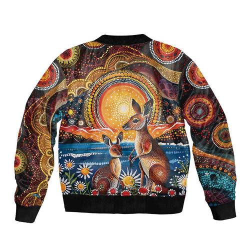 Australian Kangaroos Art Sleeve Zip Bomber Jacket Aboriginal Dot Painting