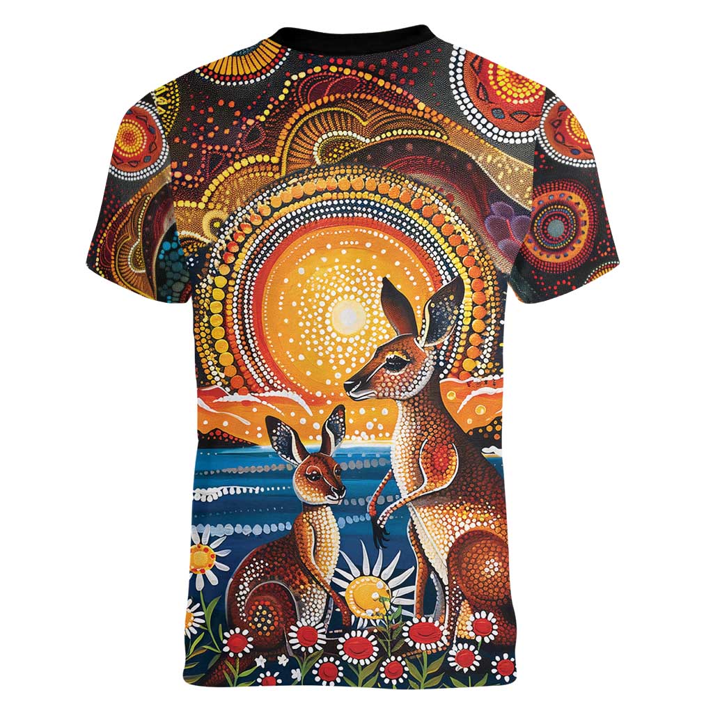 Australian Kangaroos Art Women V-Neck T-Shirt Aboriginal Dot Painting
