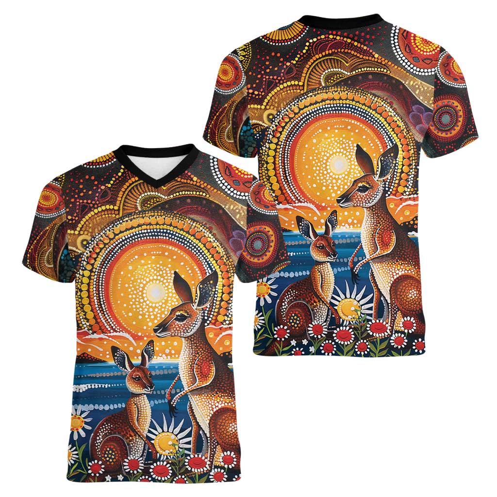Australian Kangaroos Art Women V-Neck T-Shirt Aboriginal Dot Painting