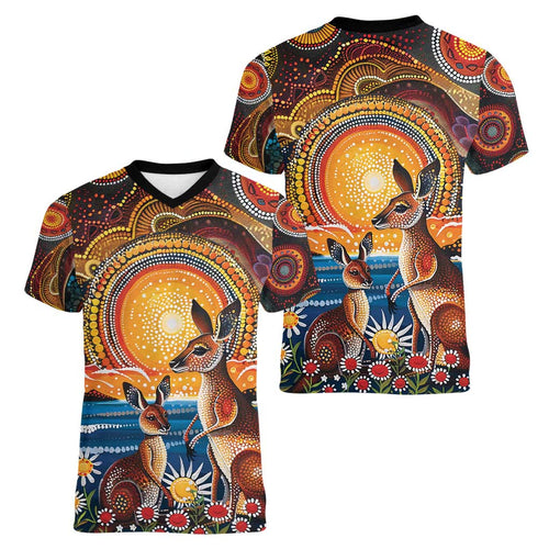 Australian Kangaroos Art Women V-Neck T-Shirt Aboriginal Dot Painting