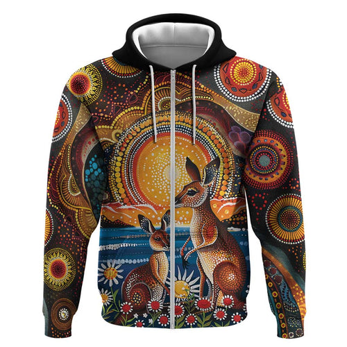 Australian Kangaroos Art Zip Hoodie Aboriginal Dot Painting