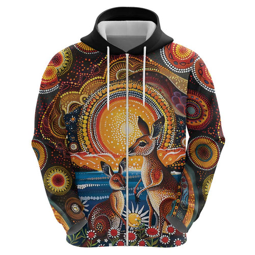 Australian Kangaroos Art Zip Hoodie Aboriginal Dot Painting