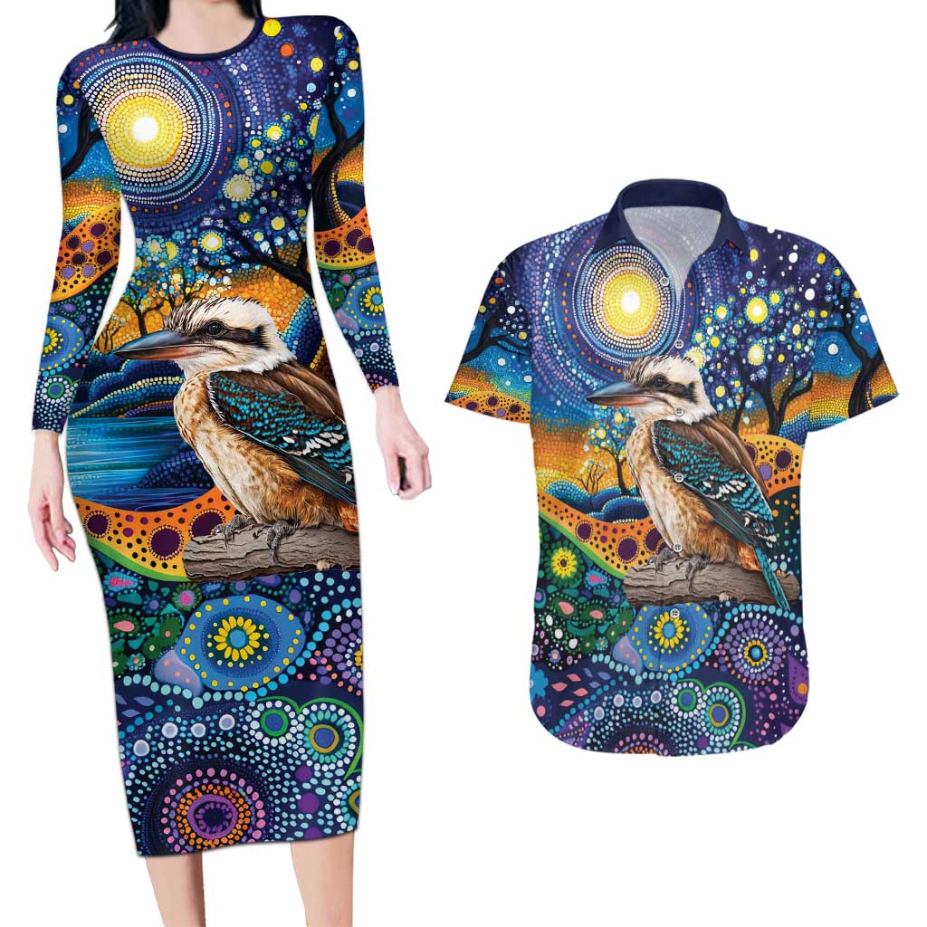 Australian Kookaburra Indigenous Couples Matching Long Sleeve Bodycon Dress and Hawaiian Shirt Aboriginal Dot Painting