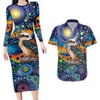 Australian Kookaburra Indigenous Couples Matching Long Sleeve Bodycon Dress and Hawaiian Shirt Aboriginal Dot Painting