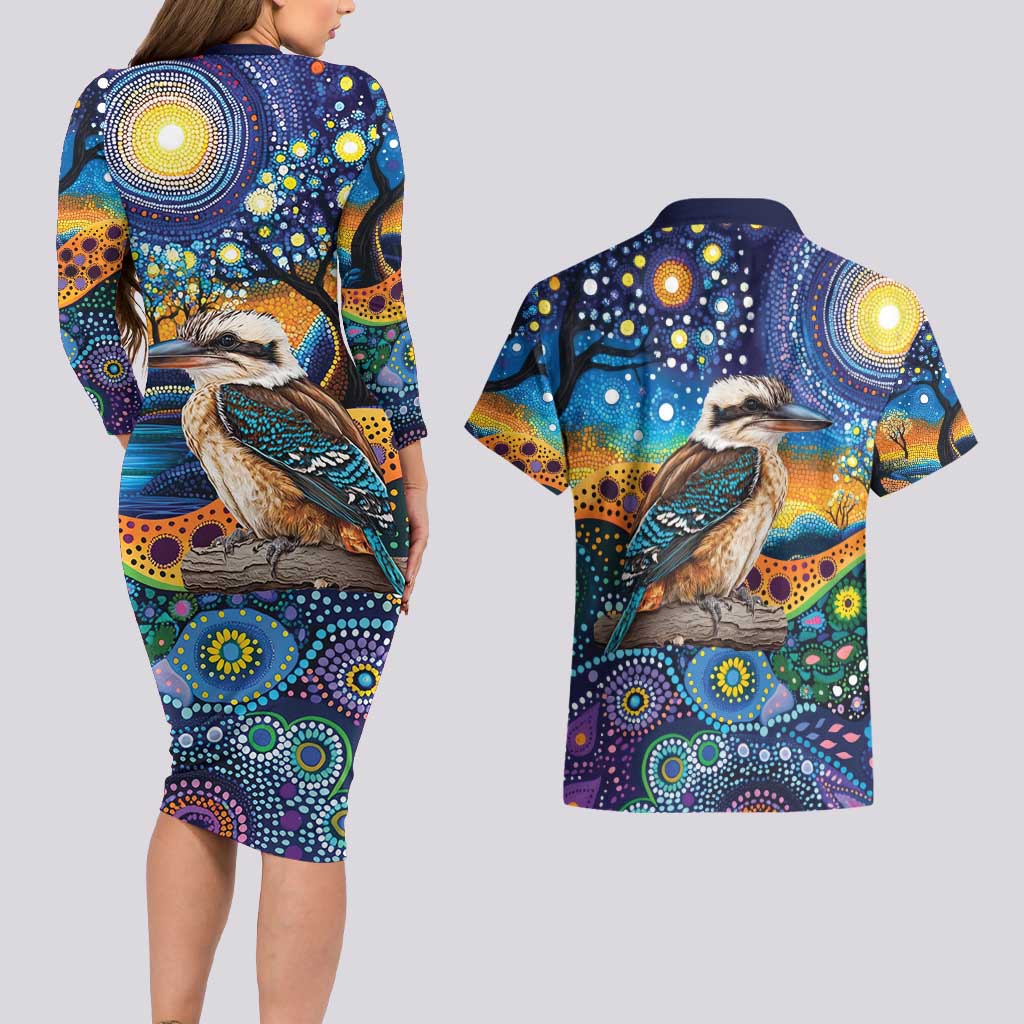 Australian Kookaburra Indigenous Couples Matching Long Sleeve Bodycon Dress and Hawaiian Shirt Aboriginal Dot Painting