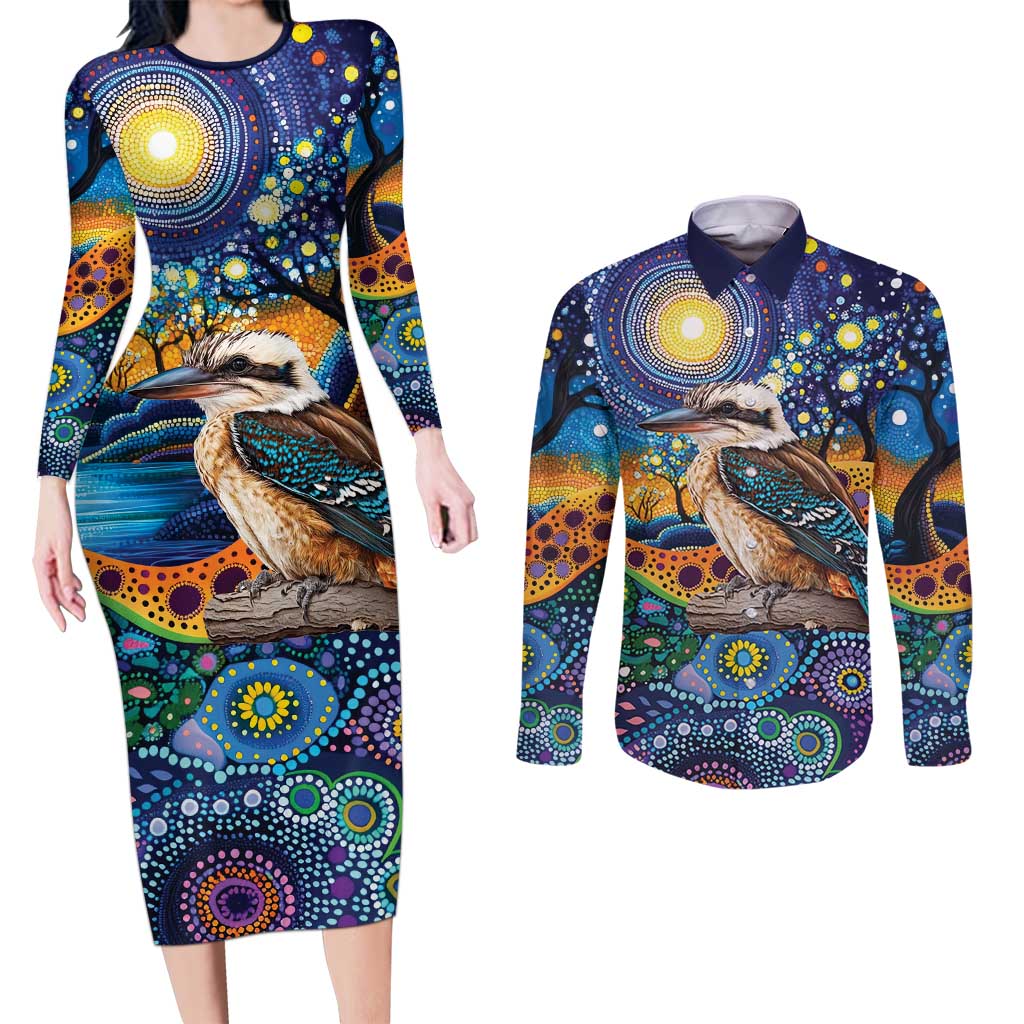 Australian Kookaburra Indigenous Couples Matching Long Sleeve Bodycon Dress and Long Sleeve Button Shirt Aboriginal Dot Painting