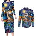 Australian Kookaburra Indigenous Couples Matching Long Sleeve Bodycon Dress and Long Sleeve Button Shirt Aboriginal Dot Painting