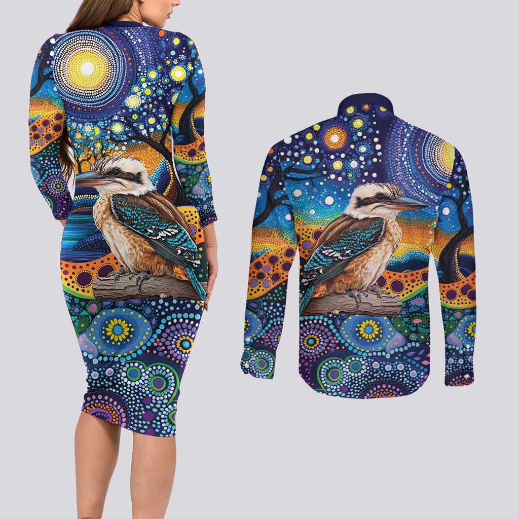 Australian Kookaburra Indigenous Couples Matching Long Sleeve Bodycon Dress and Long Sleeve Button Shirt Aboriginal Dot Painting