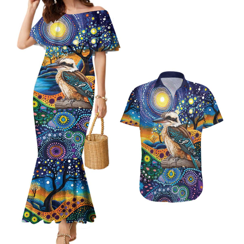 Australian Kookaburra Indigenous Couples Matching Mermaid Dress and Hawaiian Shirt Aboriginal Dot Painting