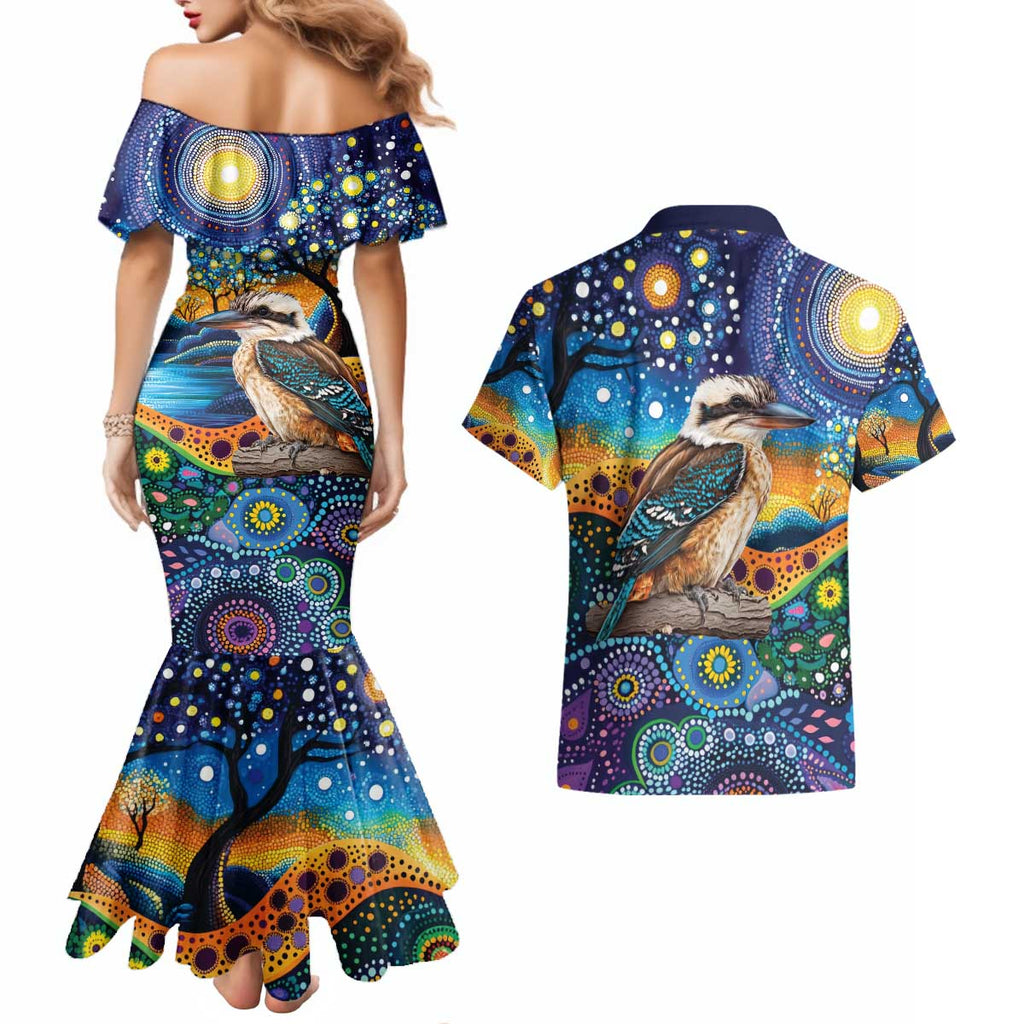 Australian Kookaburra Indigenous Couples Matching Mermaid Dress and Hawaiian Shirt Aboriginal Dot Painting
