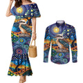 Australian Kookaburra Indigenous Couples Matching Mermaid Dress and Long Sleeve Button Shirt Aboriginal Dot Painting
