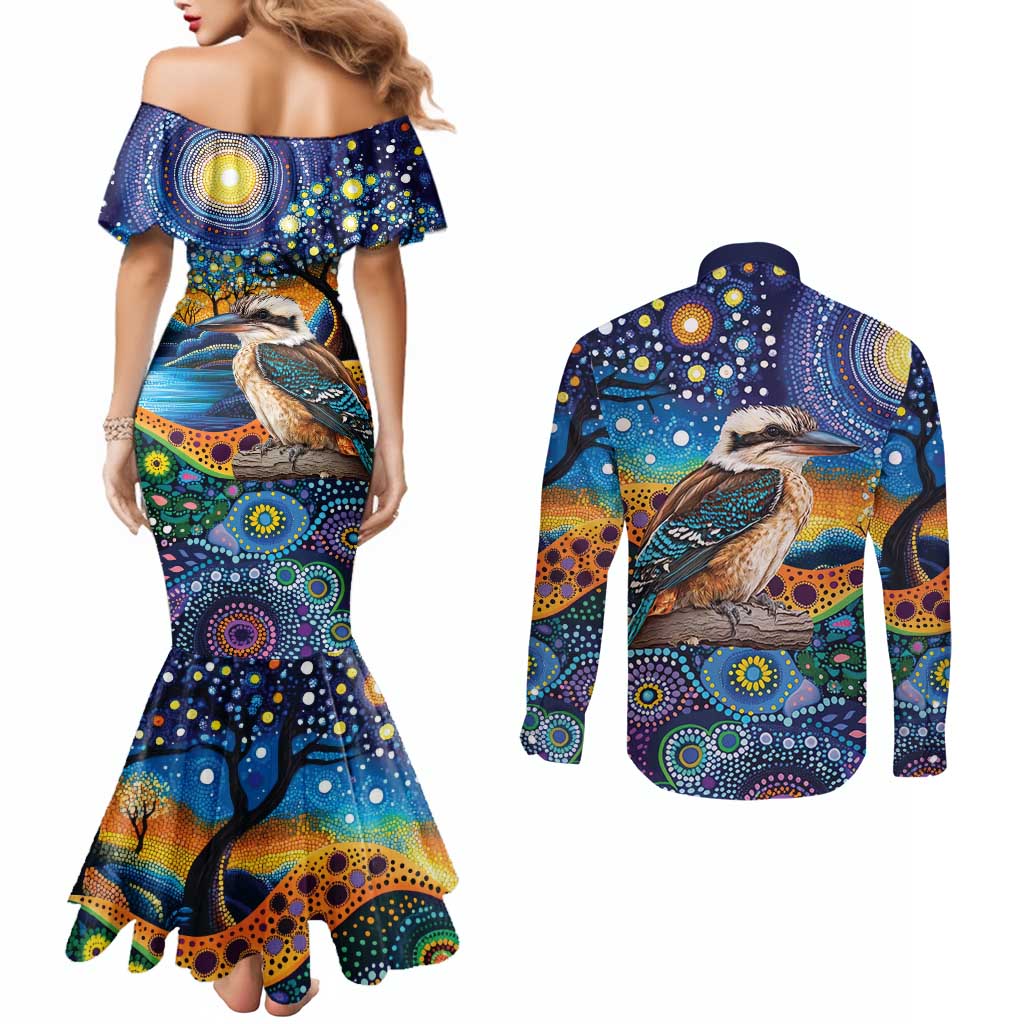 Australian Kookaburra Indigenous Couples Matching Mermaid Dress and Long Sleeve Button Shirt Aboriginal Dot Painting
