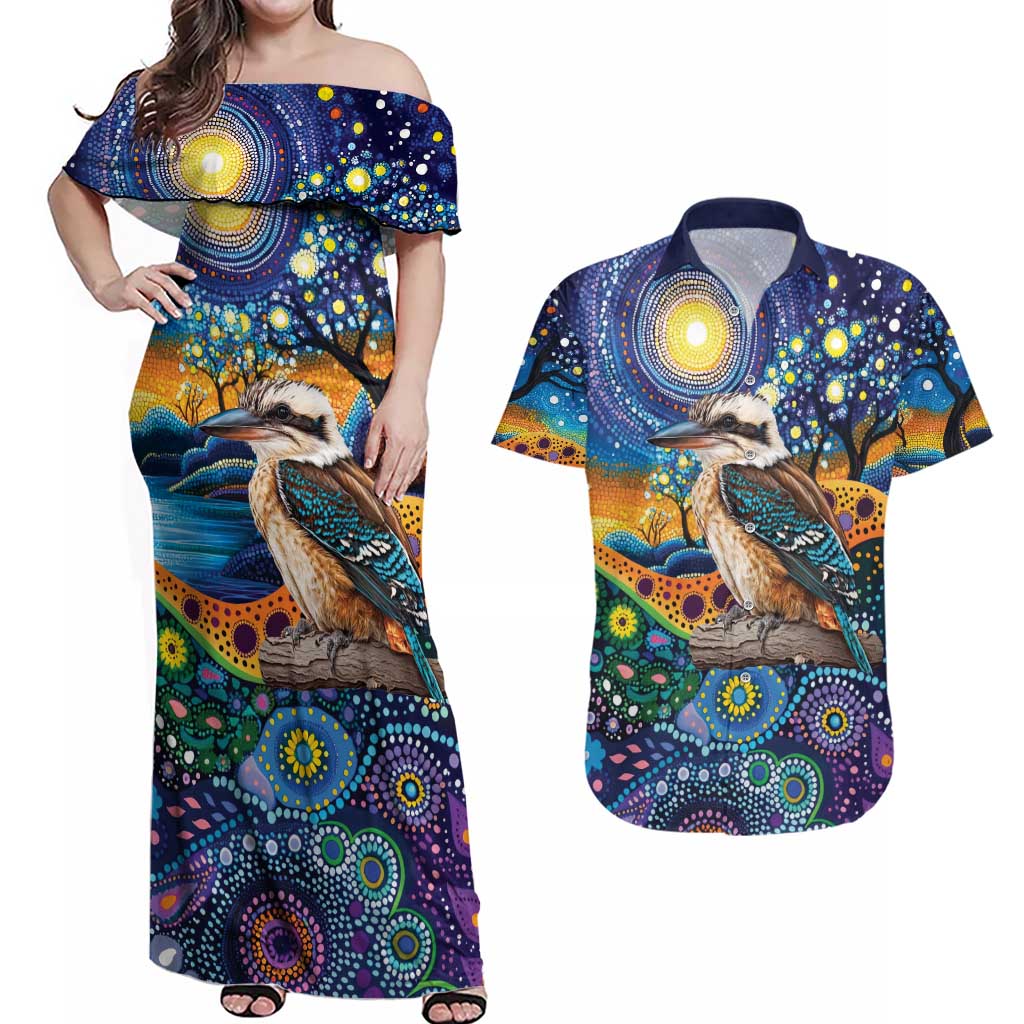 Australian Kookaburra Indigenous Couples Matching Off Shoulder Maxi Dress and Hawaiian Shirt Aboriginal Dot Painting