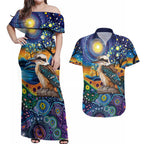 Australian Kookaburra Indigenous Couples Matching Off Shoulder Maxi Dress and Hawaiian Shirt Aboriginal Dot Painting