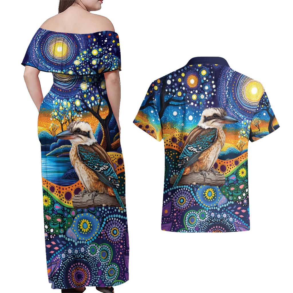 Australian Kookaburra Indigenous Couples Matching Off Shoulder Maxi Dress and Hawaiian Shirt Aboriginal Dot Painting