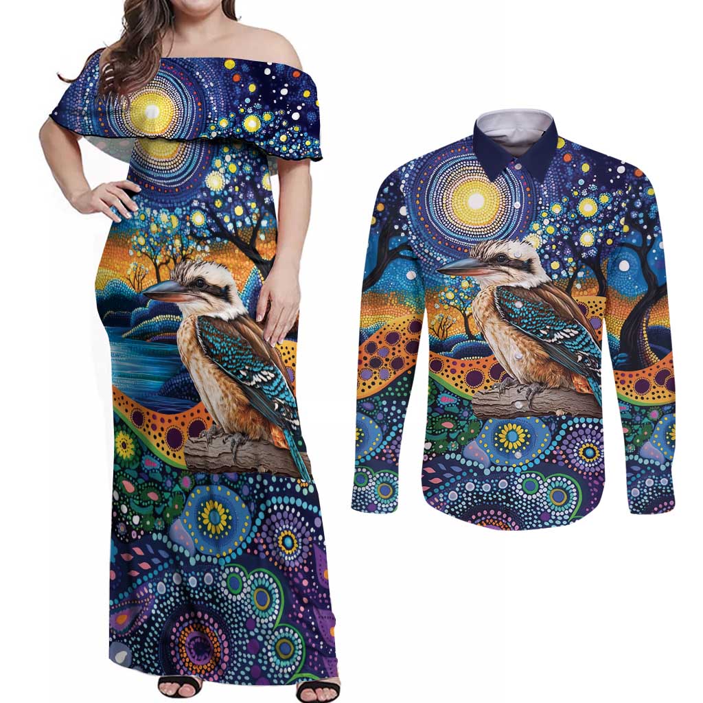 Australian Kookaburra Indigenous Couples Matching Off Shoulder Maxi Dress and Long Sleeve Button Shirt Aboriginal Dot Painting