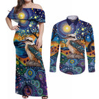 Australian Kookaburra Indigenous Couples Matching Off Shoulder Maxi Dress and Long Sleeve Button Shirt Aboriginal Dot Painting