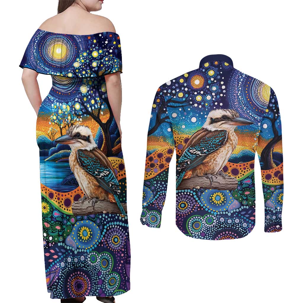 Australian Kookaburra Indigenous Couples Matching Off Shoulder Maxi Dress and Long Sleeve Button Shirt Aboriginal Dot Painting