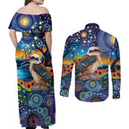 Australian Kookaburra Indigenous Couples Matching Off Shoulder Maxi Dress and Long Sleeve Button Shirt Aboriginal Dot Painting