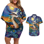 Australian Kookaburra Indigenous Couples Matching Off Shoulder Short Dress and Hawaiian Shirt Aboriginal Dot Painting