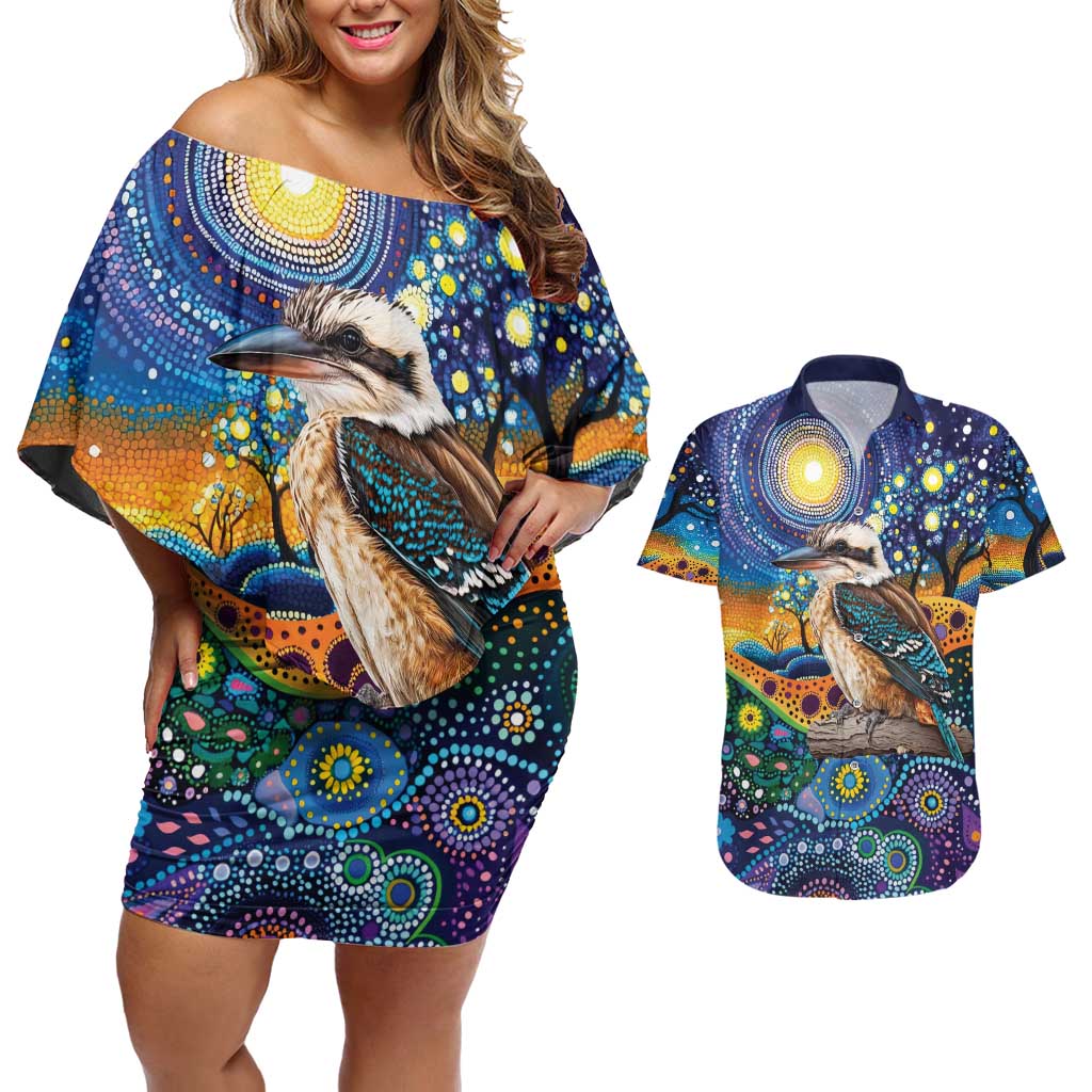 Australian Kookaburra Indigenous Couples Matching Off Shoulder Short Dress and Hawaiian Shirt Aboriginal Dot Painting