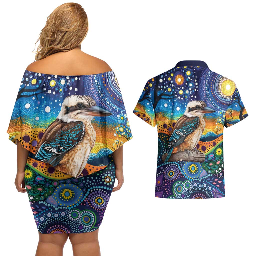 Australian Kookaburra Indigenous Couples Matching Off Shoulder Short Dress and Hawaiian Shirt Aboriginal Dot Painting