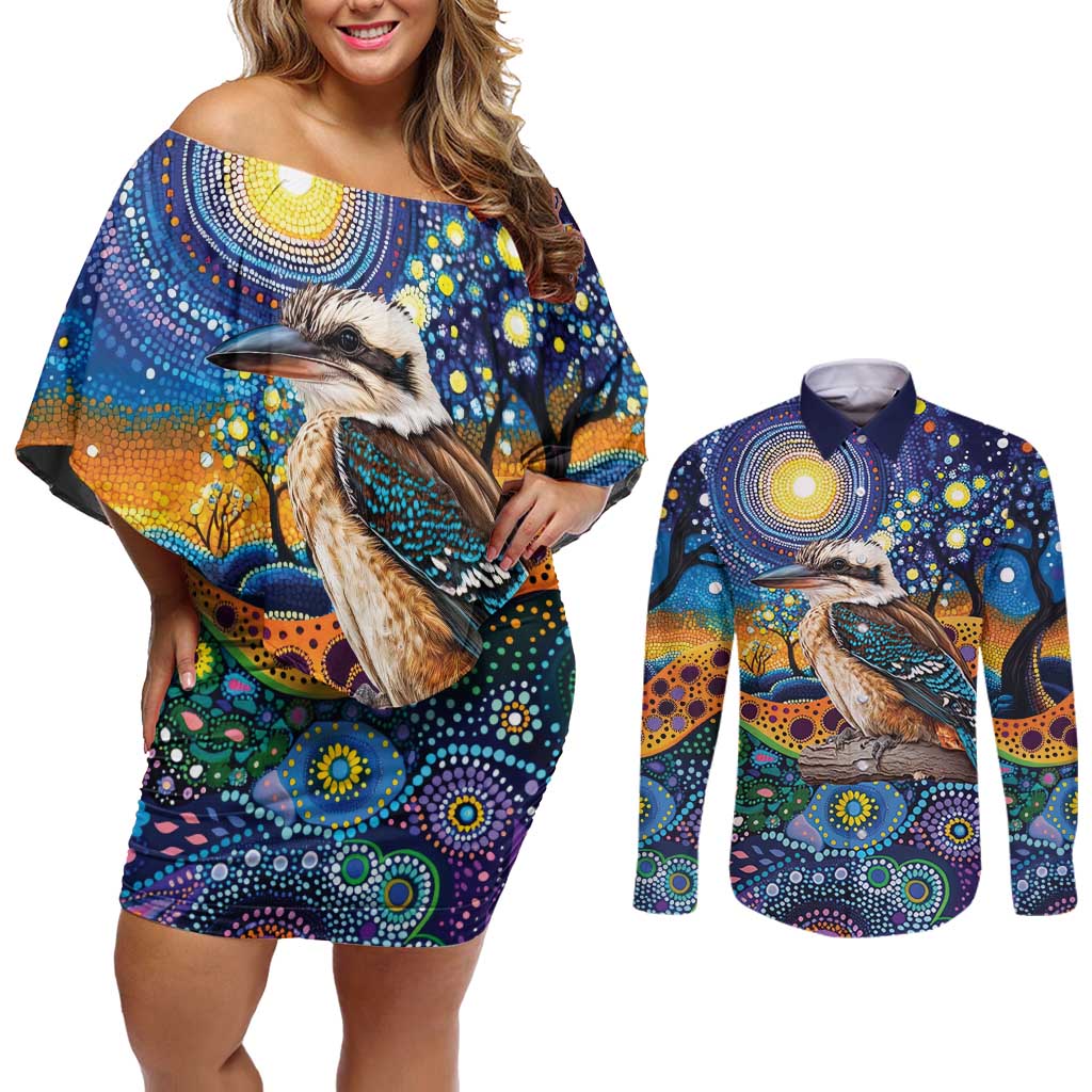 Australian Kookaburra Indigenous Couples Matching Off Shoulder Short Dress and Long Sleeve Button Shirt Aboriginal Dot Painting