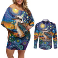 Australian Kookaburra Indigenous Couples Matching Off Shoulder Short Dress and Long Sleeve Button Shirt Aboriginal Dot Painting