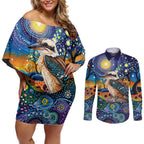 Australian Kookaburra Indigenous Couples Matching Off Shoulder Short Dress and Long Sleeve Button Shirt Aboriginal Dot Painting