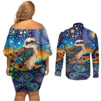 Australian Kookaburra Indigenous Couples Matching Off Shoulder Short Dress and Long Sleeve Button Shirt Aboriginal Dot Painting
