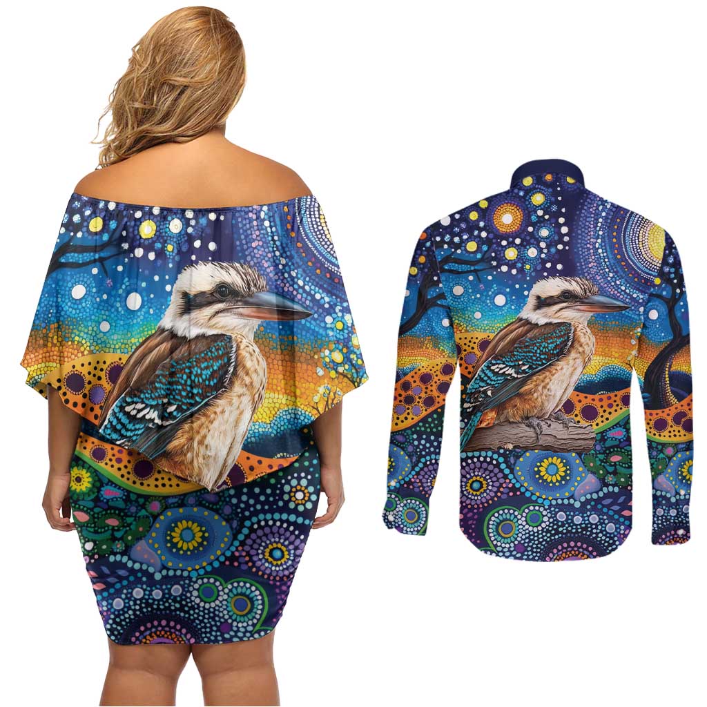 Australian Kookaburra Indigenous Couples Matching Off Shoulder Short Dress and Long Sleeve Button Shirt Aboriginal Dot Painting