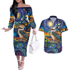 Australian Kookaburra Indigenous Couples Matching Off The Shoulder Long Sleeve Dress and Hawaiian Shirt Aboriginal Dot Painting