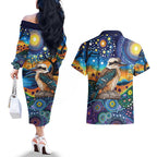 Australian Kookaburra Indigenous Couples Matching Off The Shoulder Long Sleeve Dress and Hawaiian Shirt Aboriginal Dot Painting