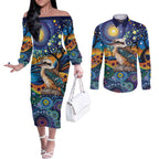 Australian Kookaburra Indigenous Couples Matching Off The Shoulder Long Sleeve Dress and Long Sleeve Button Shirt Aboriginal Dot Painting