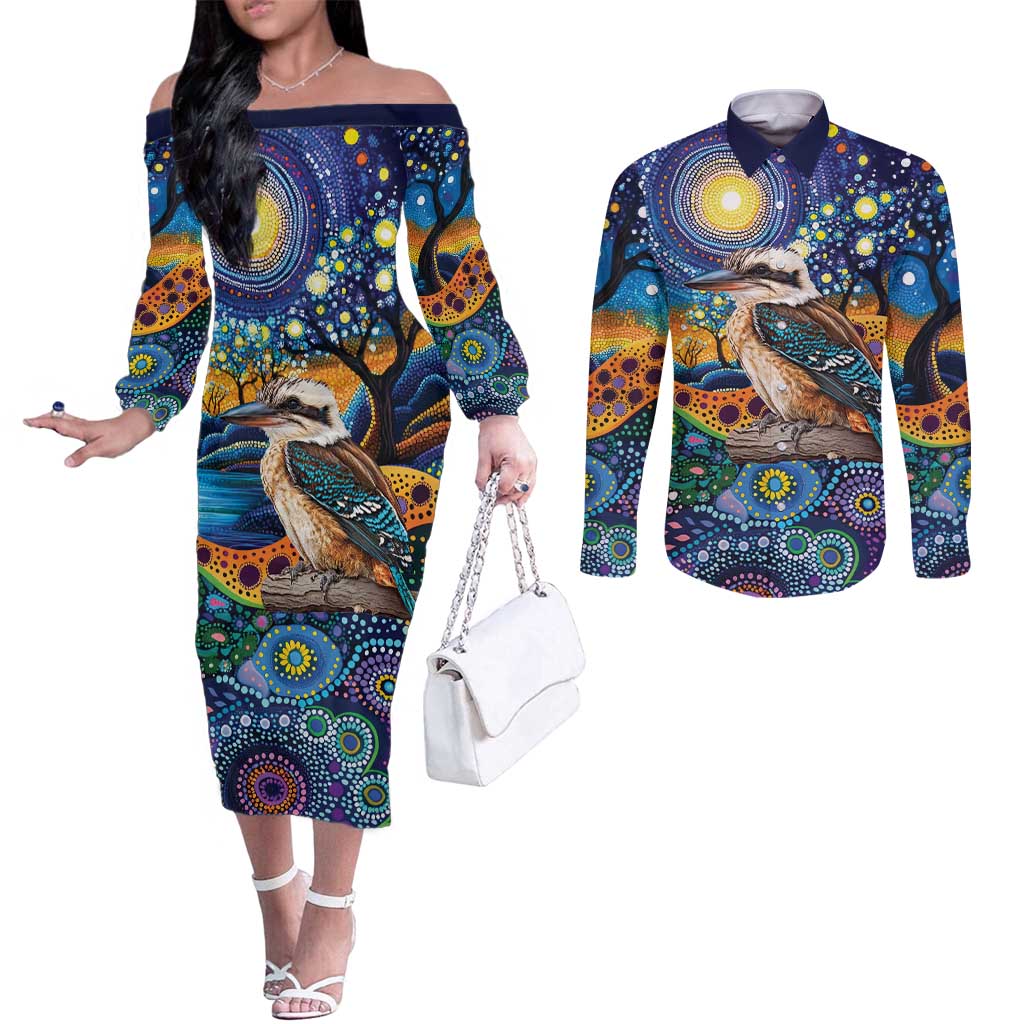Australian Kookaburra Indigenous Couples Matching Off The Shoulder Long Sleeve Dress and Long Sleeve Button Shirt Aboriginal Dot Painting