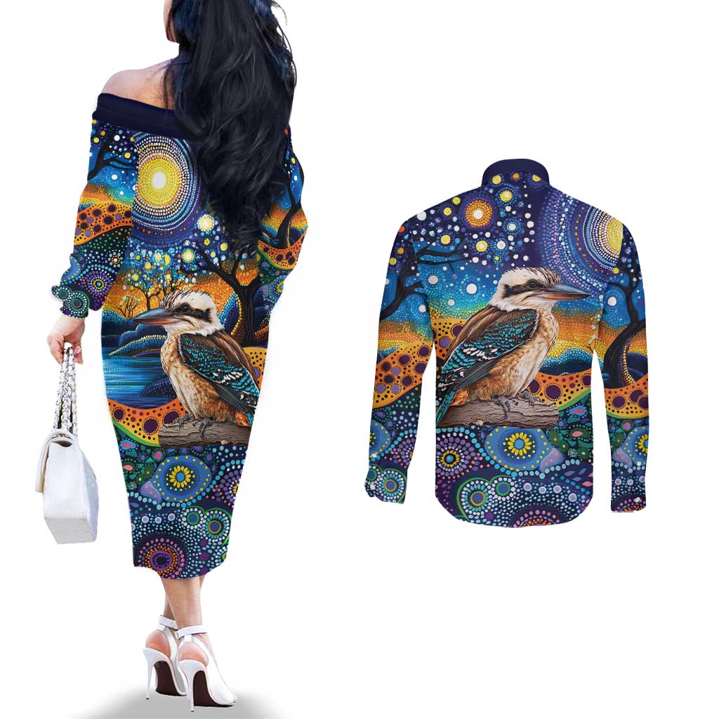 Australian Kookaburra Indigenous Couples Matching Off The Shoulder Long Sleeve Dress and Long Sleeve Button Shirt Aboriginal Dot Painting