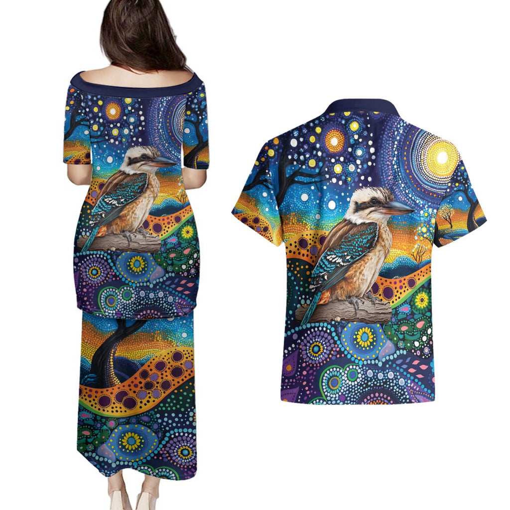 Australian Kookaburra Indigenous Couples Matching Puletasi and Hawaiian Shirt Aboriginal Dot Painting