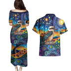 Australian Kookaburra Indigenous Couples Matching Puletasi and Hawaiian Shirt Aboriginal Dot Painting