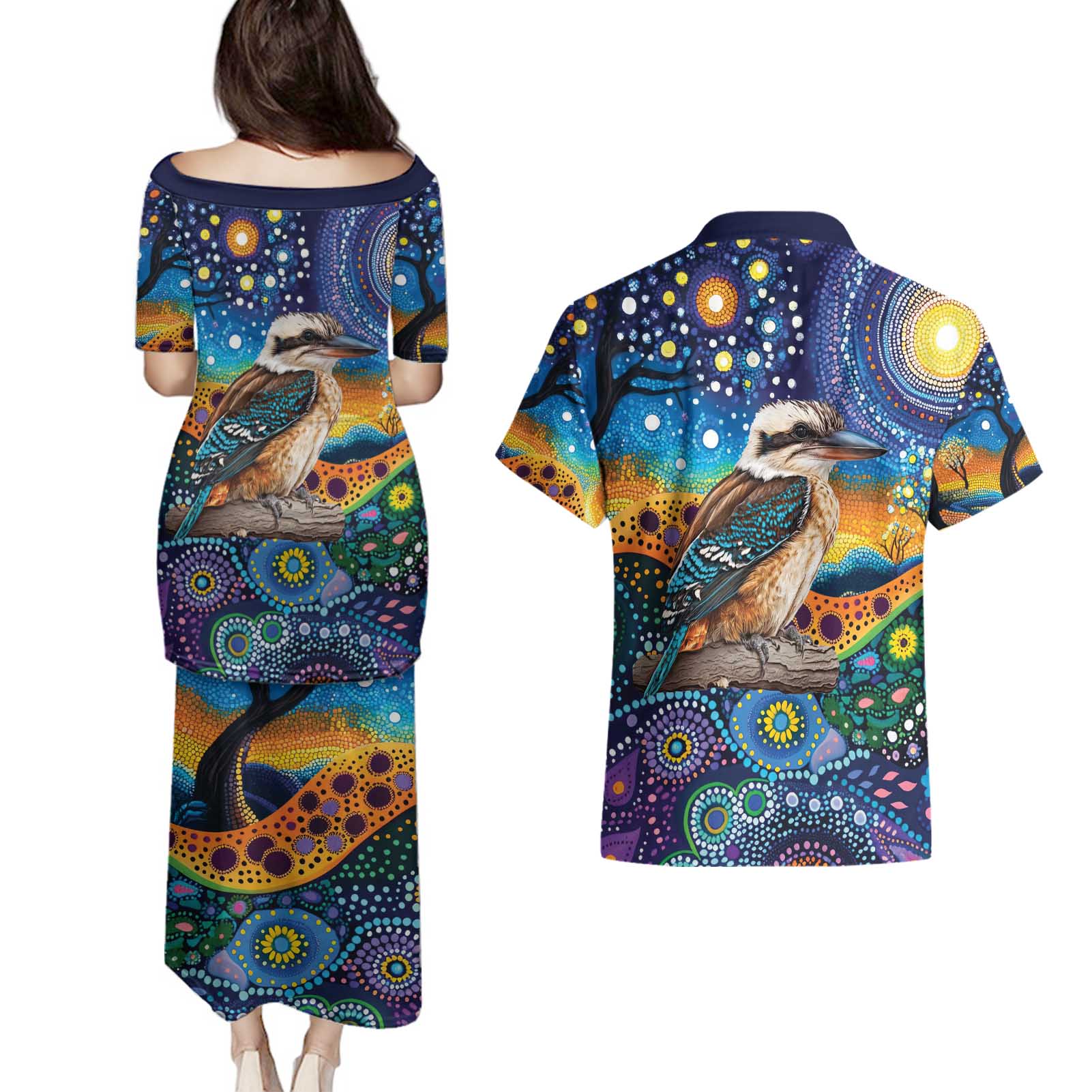 Australian Kookaburra Indigenous Couples Matching Puletasi and Hawaiian Shirt Aboriginal Dot Painting