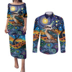 Australian Kookaburra Indigenous Couples Matching Puletasi and Long Sleeve Button Shirt Aboriginal Dot Painting