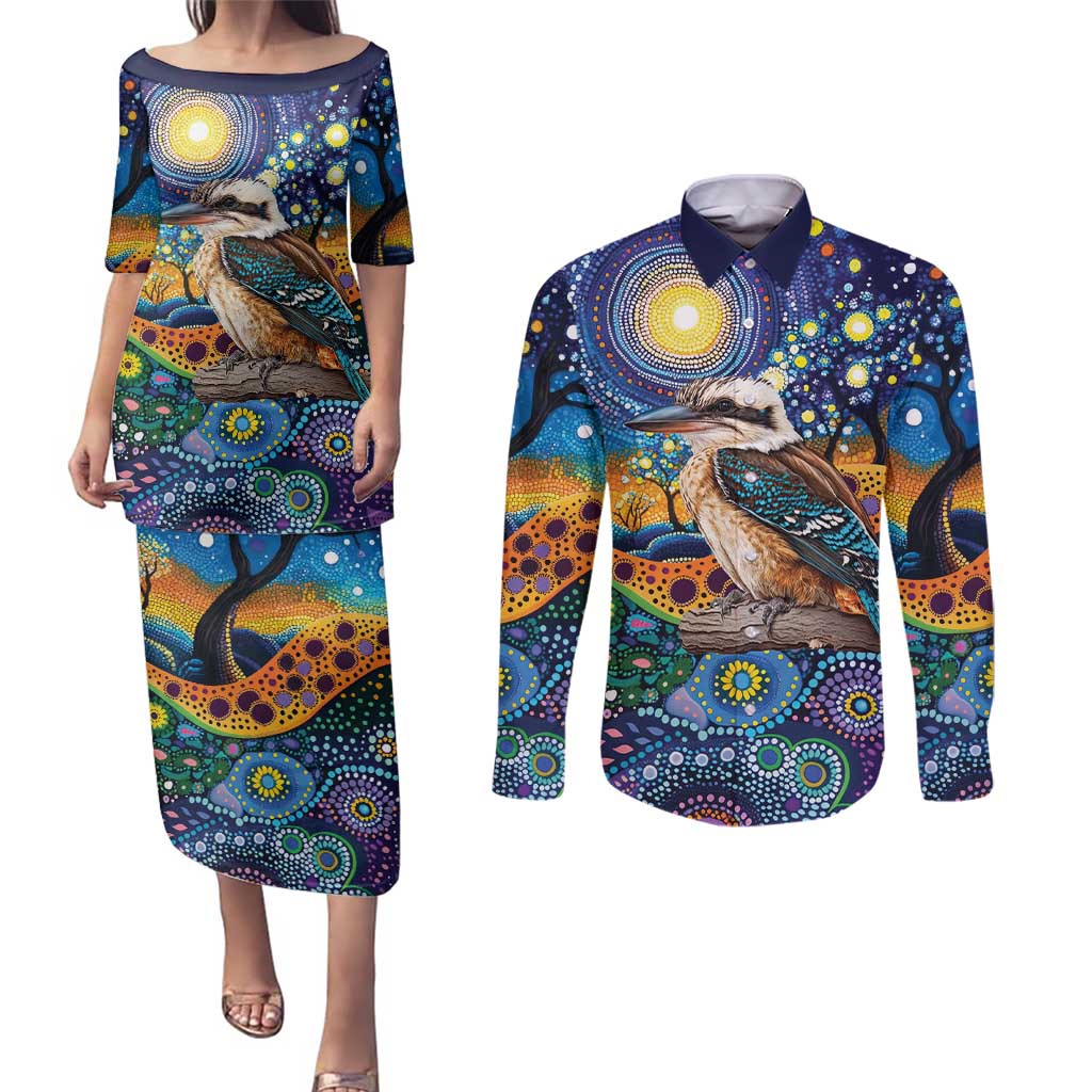 Australian Kookaburra Indigenous Couples Matching Puletasi and Long Sleeve Button Shirt Aboriginal Dot Painting