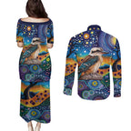 Australian Kookaburra Indigenous Couples Matching Puletasi and Long Sleeve Button Shirt Aboriginal Dot Painting