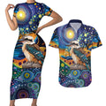Australian Kookaburra Indigenous Couples Matching Short Sleeve Bodycon Dress and Hawaiian Shirt Aboriginal Dot Painting