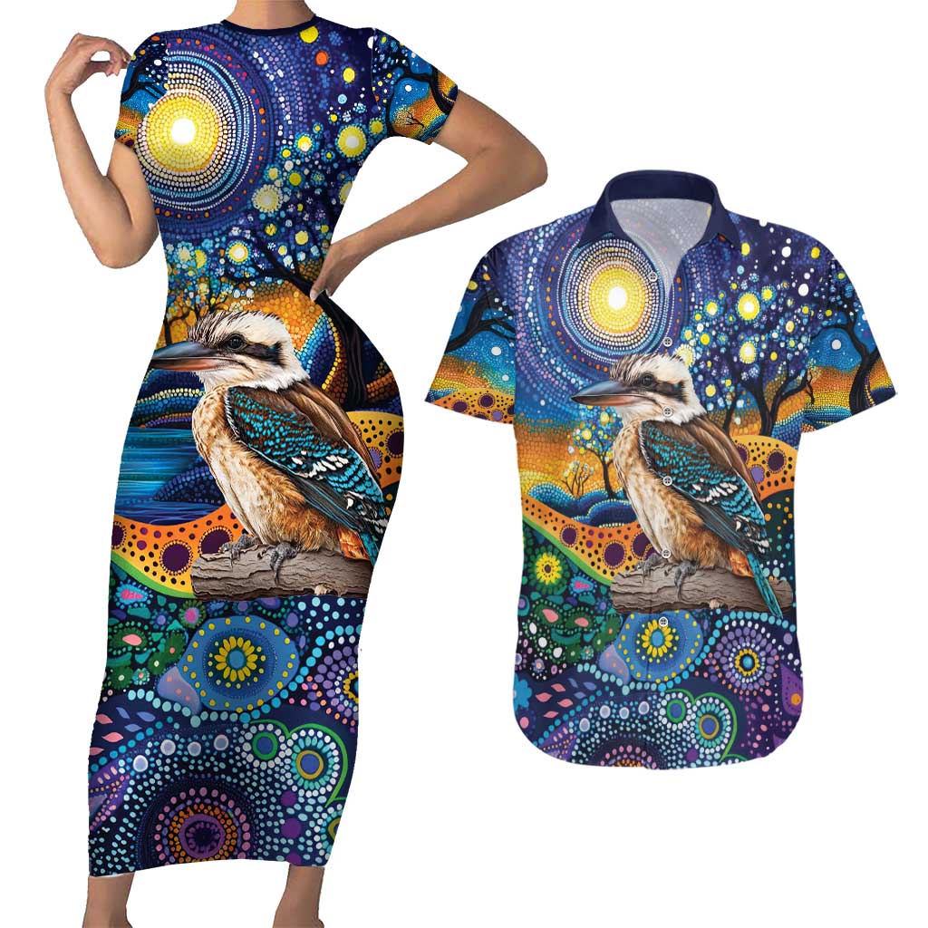 Australian Kookaburra Indigenous Couples Matching Short Sleeve Bodycon Dress and Hawaiian Shirt Aboriginal Dot Painting