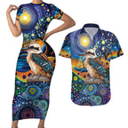 Australian Kookaburra Indigenous Couples Matching Short Sleeve Bodycon Dress and Hawaiian Shirt Aboriginal Dot Painting