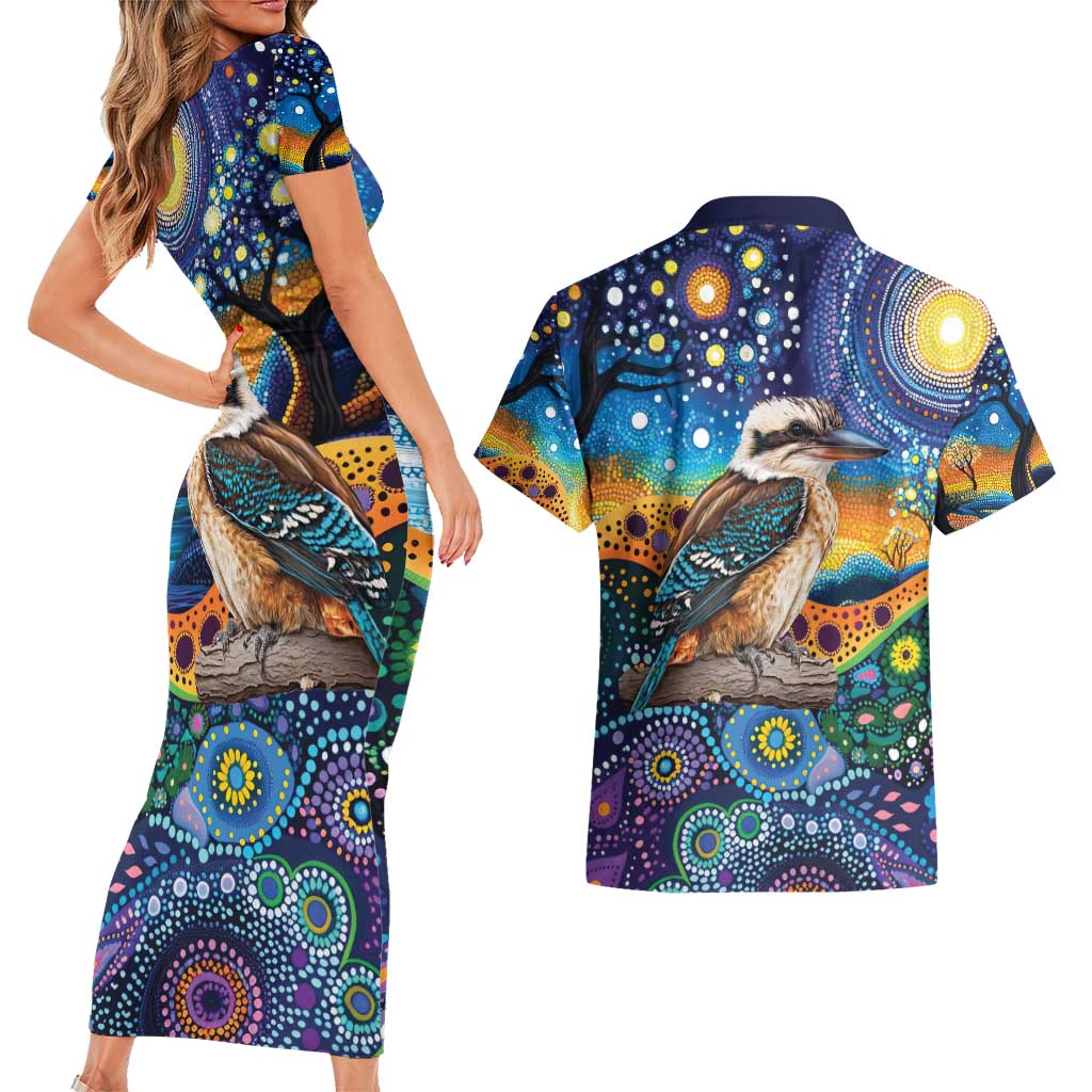 Australian Kookaburra Indigenous Couples Matching Short Sleeve Bodycon Dress and Hawaiian Shirt Aboriginal Dot Painting